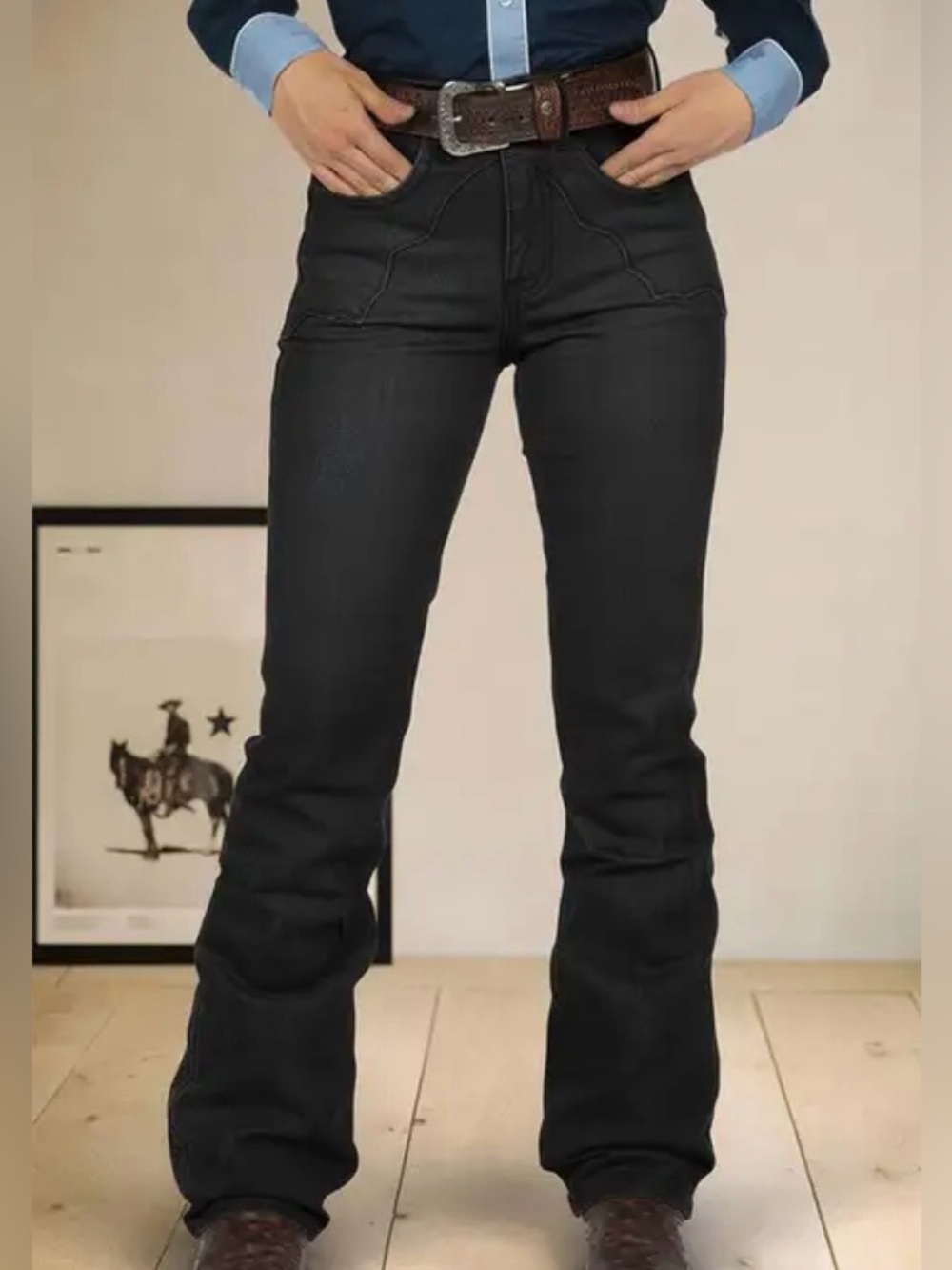 Flamingals Stitch Detail High Waist Bootcut Jeans in Black